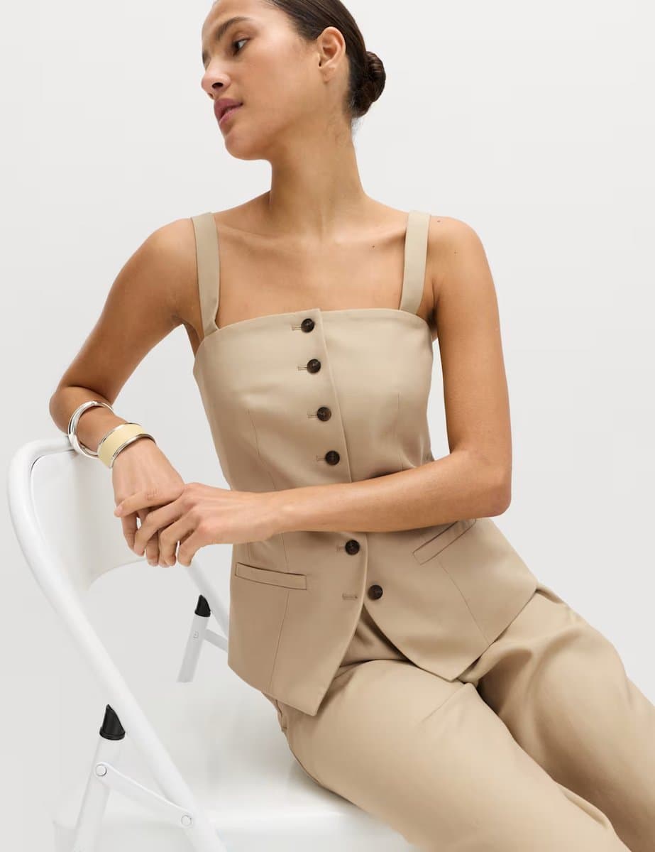 Marks & Spencer M&S Lyocell Rich Square Neck Waistcoat with Linen Sandstone - 3