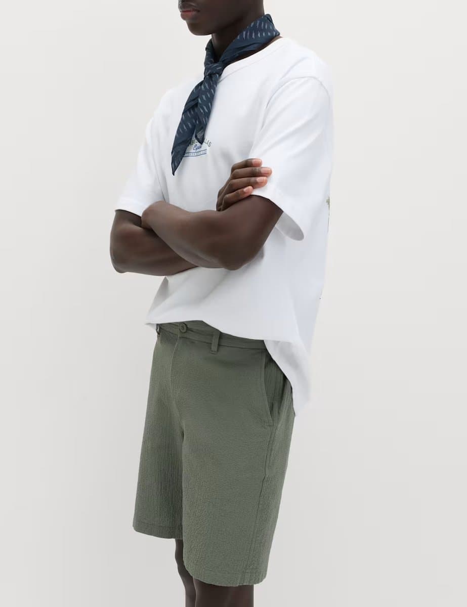 Marks & Spencer M&S Half-Elasticated Waist Seersucker Chino Shorts Moss Green - 3