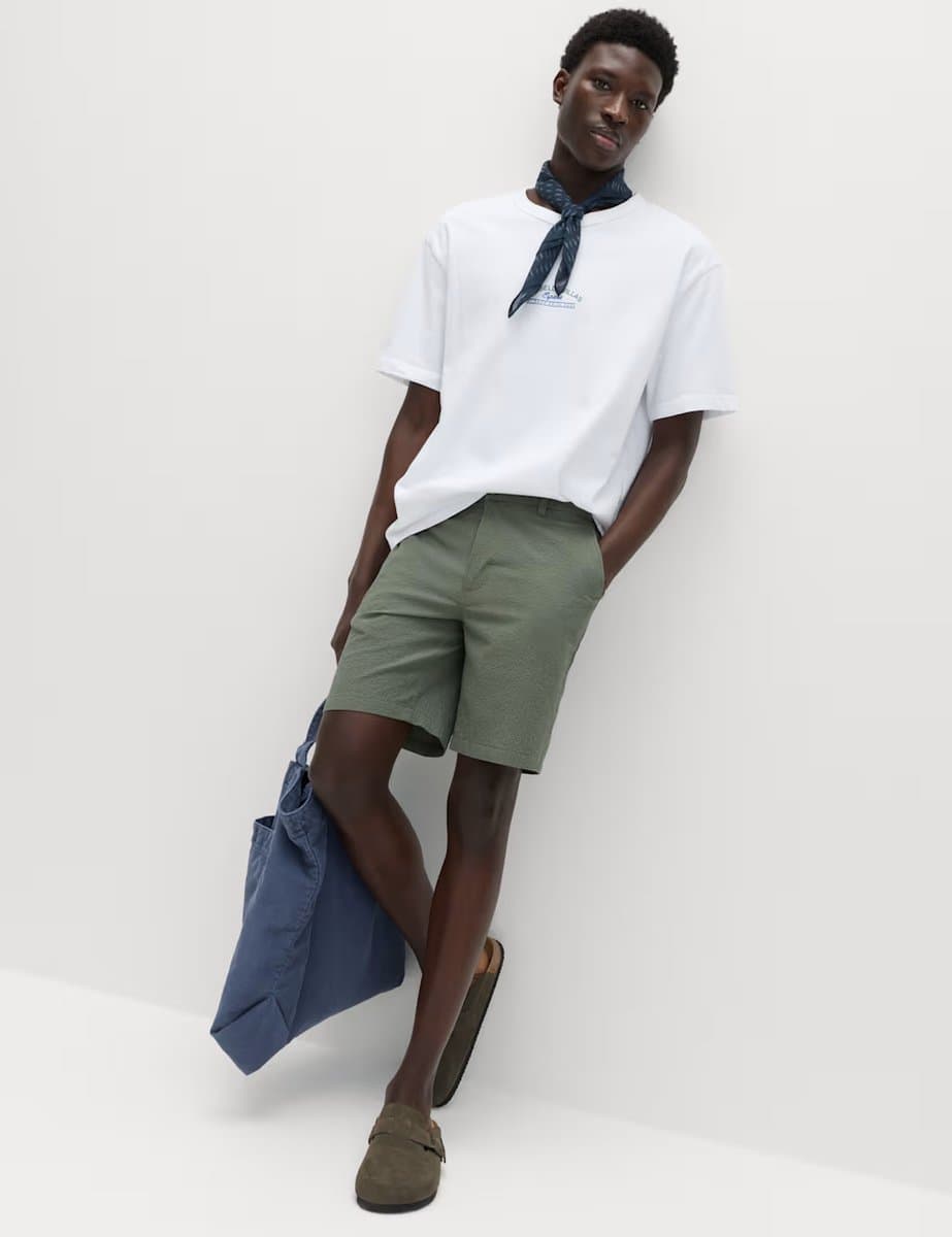 Marks & Spencer M&S Half-Elasticated Waist Seersucker Chino Shorts Moss Green - 5