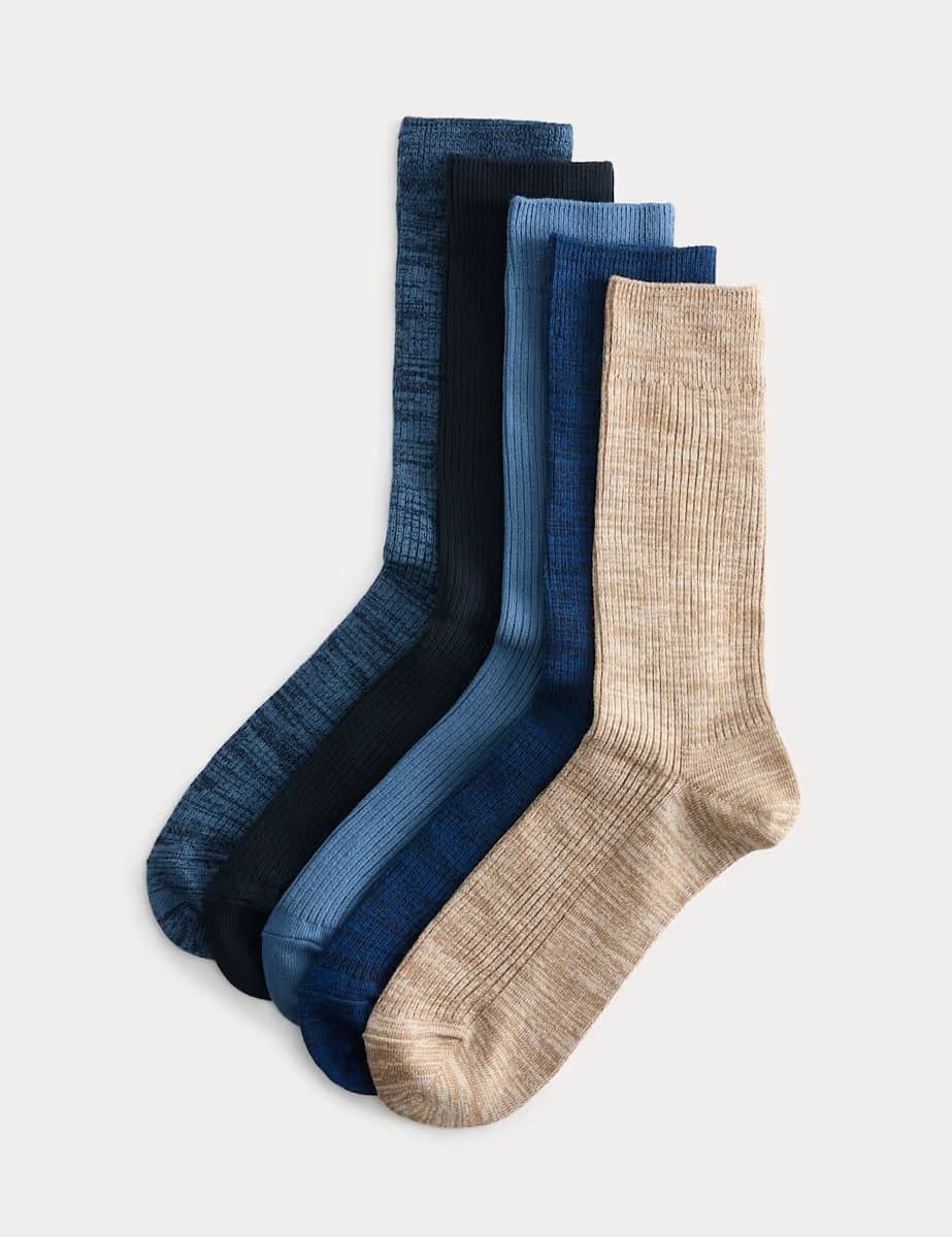 Marks & Spencer M&S 5 Pack Cotton Rich Ribbed Socks Denim Mix