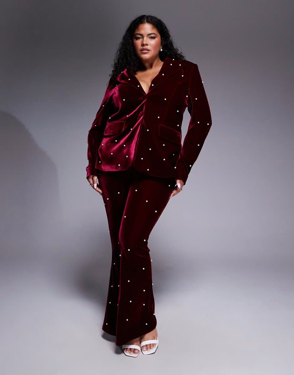 ASOS ASOS LUXE Curve pearl embellished velvet blazer and tailored trousers in burgundy