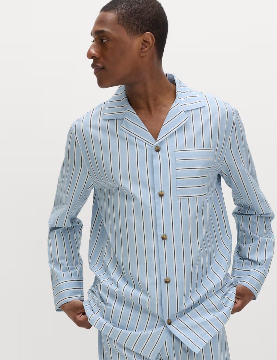 Marks & Spencer M&S Pure Cotton Striped Pyjama Top Blue Mix