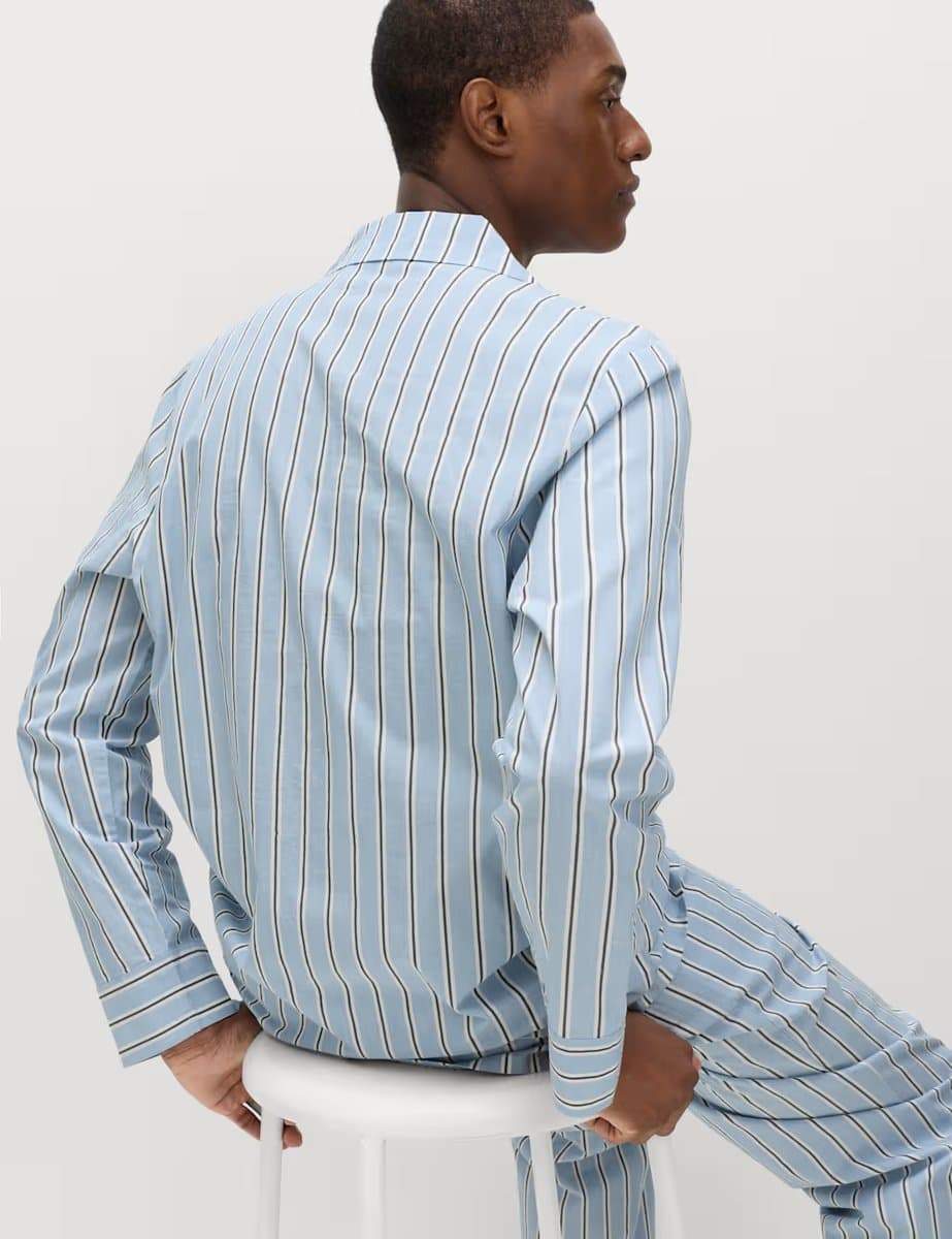 Marks & Spencer M&S Pure Cotton Striped Pyjama Top Blue Mix - 3