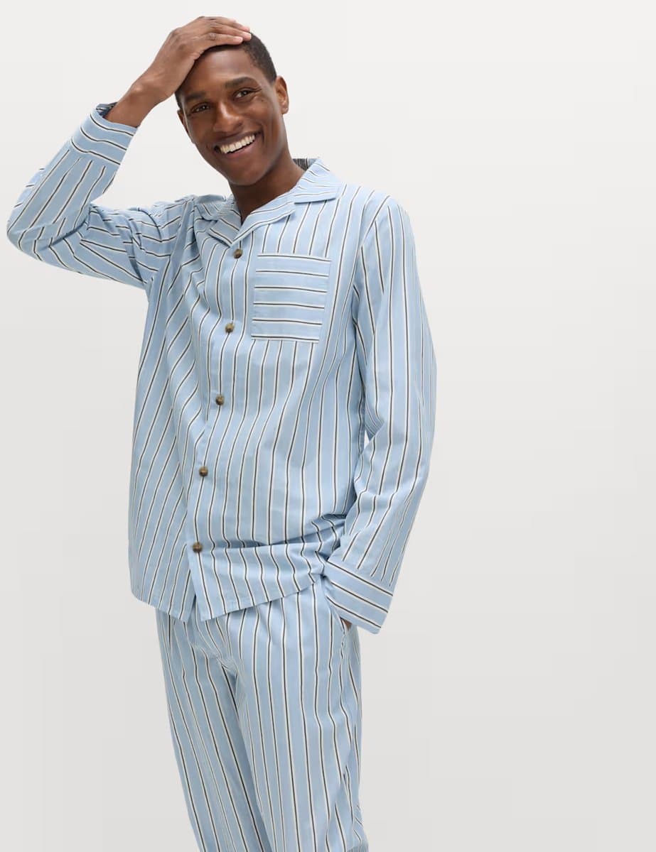 Marks & Spencer M&S Pure Cotton Striped Pyjama Top Blue Mix - 4