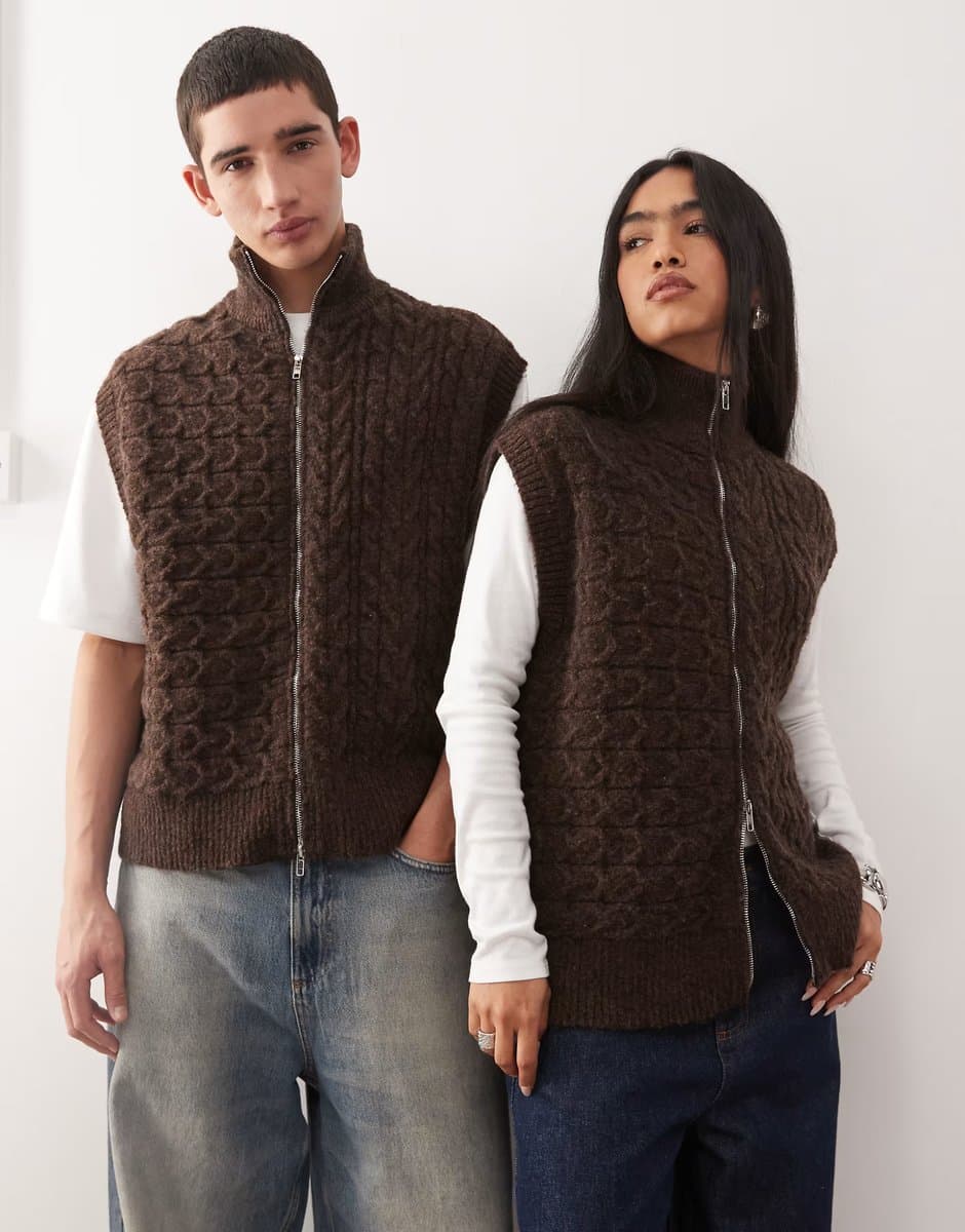 ASOS Reclaimed Vintage unisex zip through cable knitted tank in chocolate brown