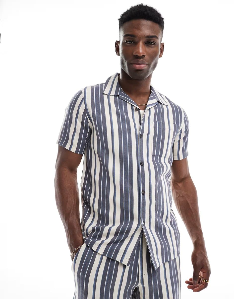 ASOS New Look linen look stripe shirt co-ord in navy