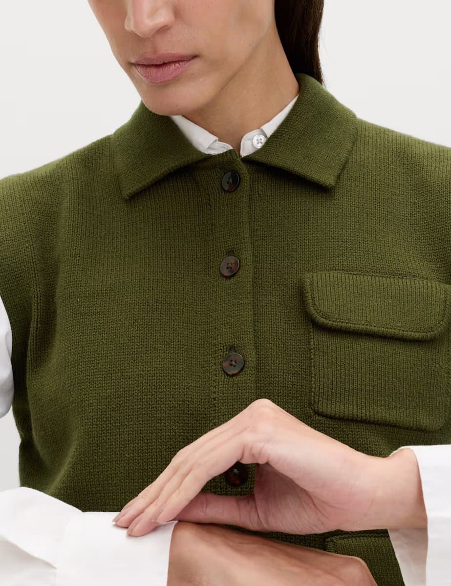 Marks & Spencer M&S Cotton Rich Pocket Knitted Waistcoat Dark Khaki - 2