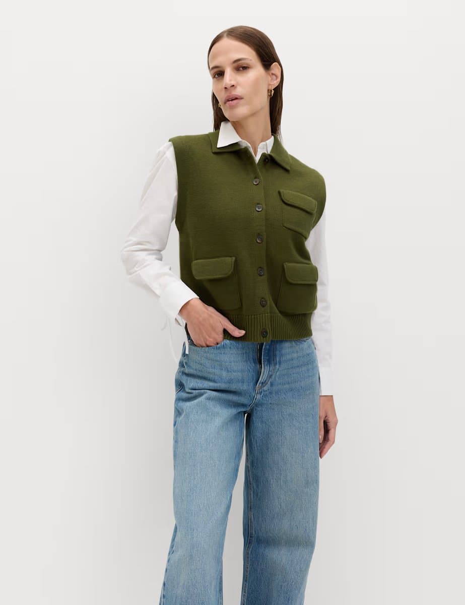 Marks & Spencer M&S Cotton Rich Pocket Knitted Waistcoat Dark Khaki - 5