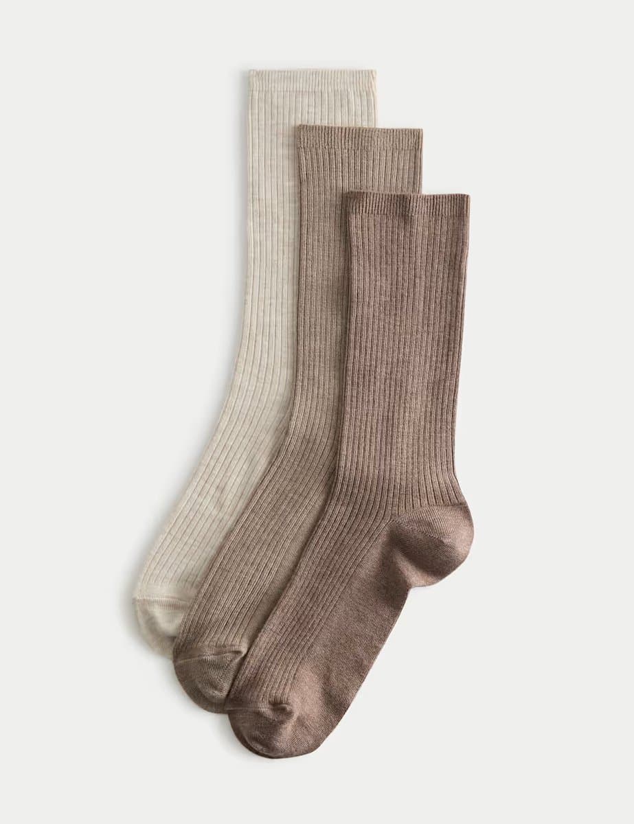 Marks & Spencer M&S 3 Pack Supersoft Ribbed Crew Socks Natural Mix