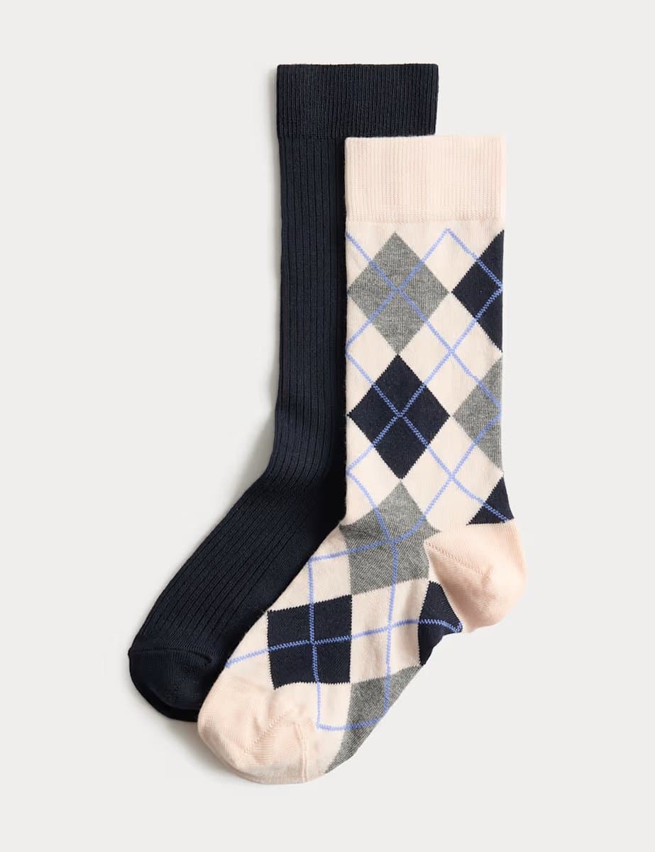Marks & Spencer M&S 2 Pack Argyle Crew Socks Pink Mix
