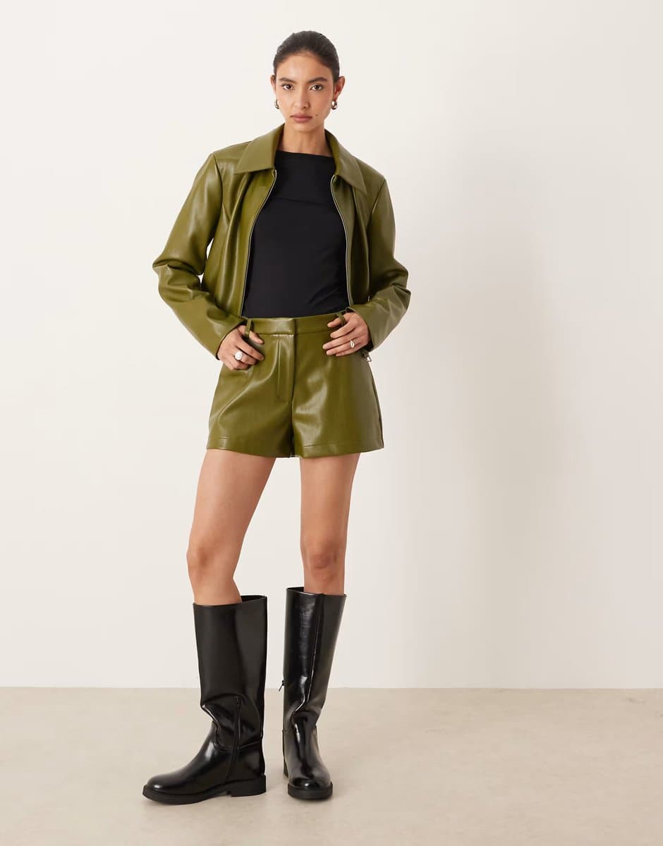 ASOS ASOS DESIGN tailored faux leather high waisted shorts co-ord in olive