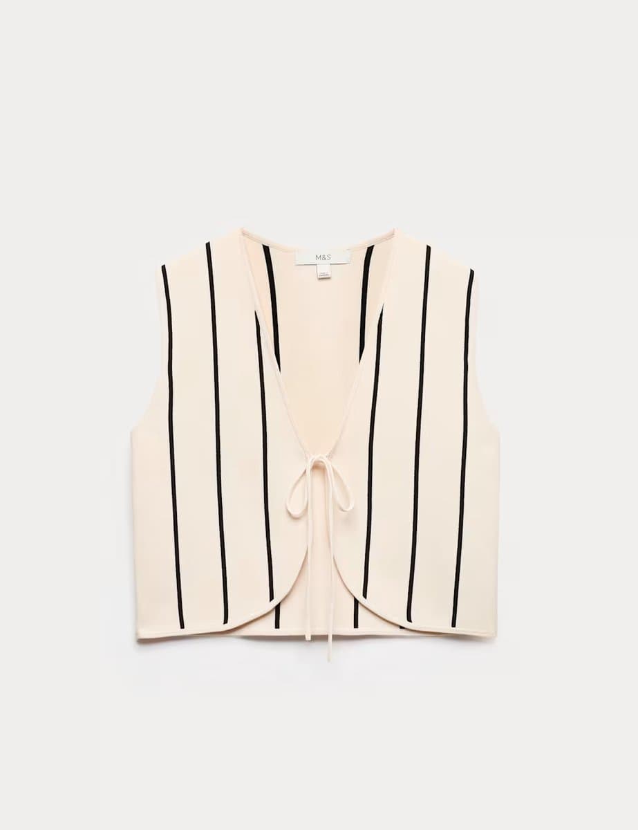 Marks & Spencer M&S Tie Front Striped Cropped Knitted Waistcoat Vanilla