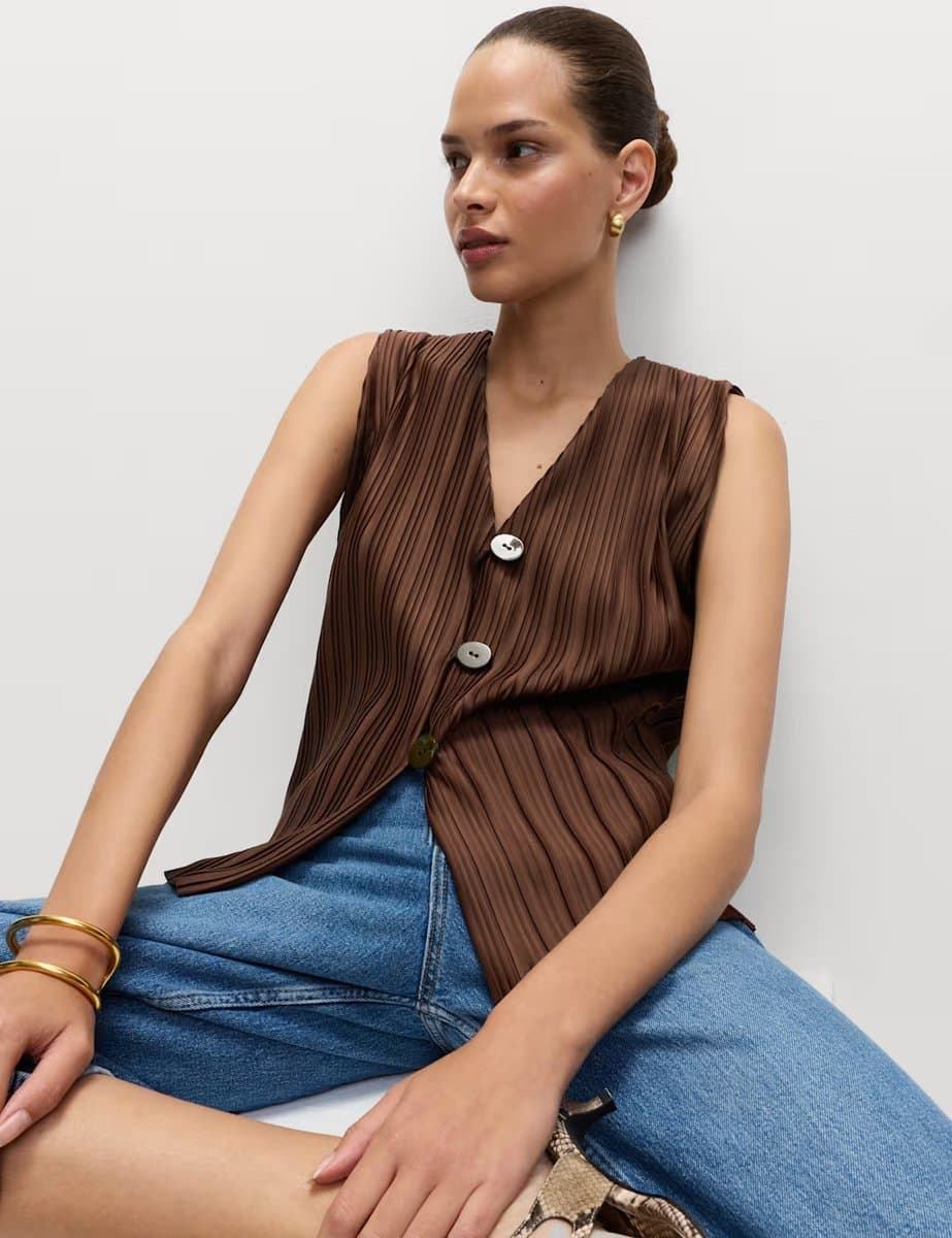 Marks & Spencer M&S Plisse V-Neck Button Through Waistcoat Chocolate