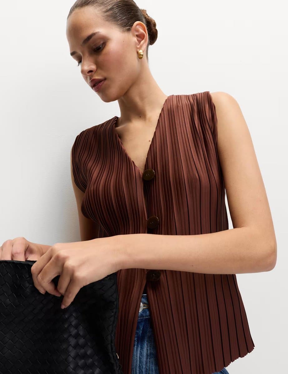 Marks & Spencer M&S Plisse V-Neck Button Through Waistcoat Chocolate - 5