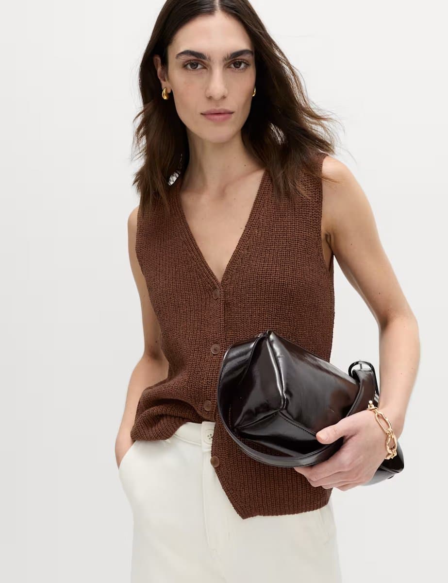 Marks & Spencer M&S Cotton Blend Ribbed Knitted Waistcoat Conker