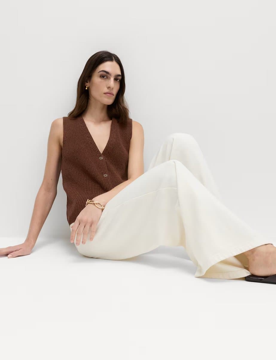 Marks & Spencer M&S Cotton Blend Ribbed Knitted Waistcoat Conker - 4