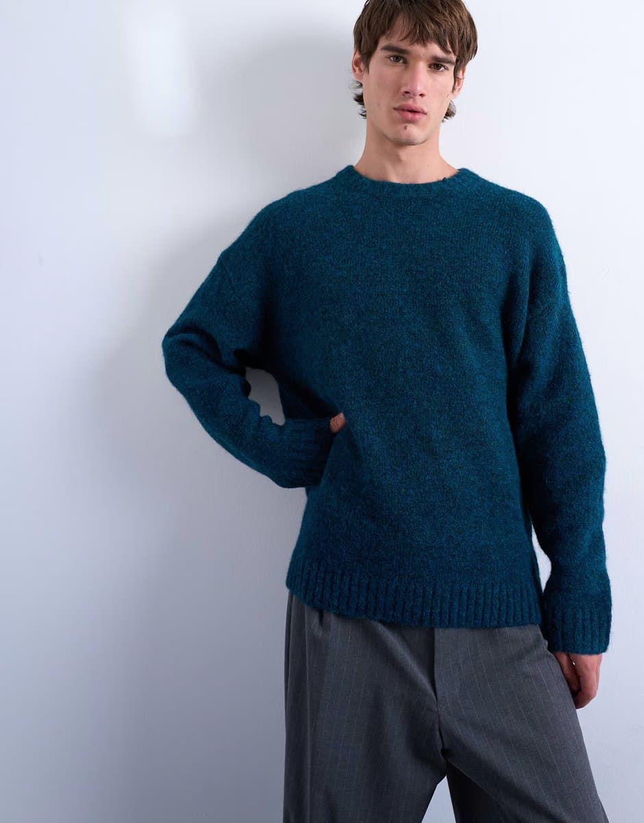 ASOS Topman loose knit crew jumper in dark blue - 1