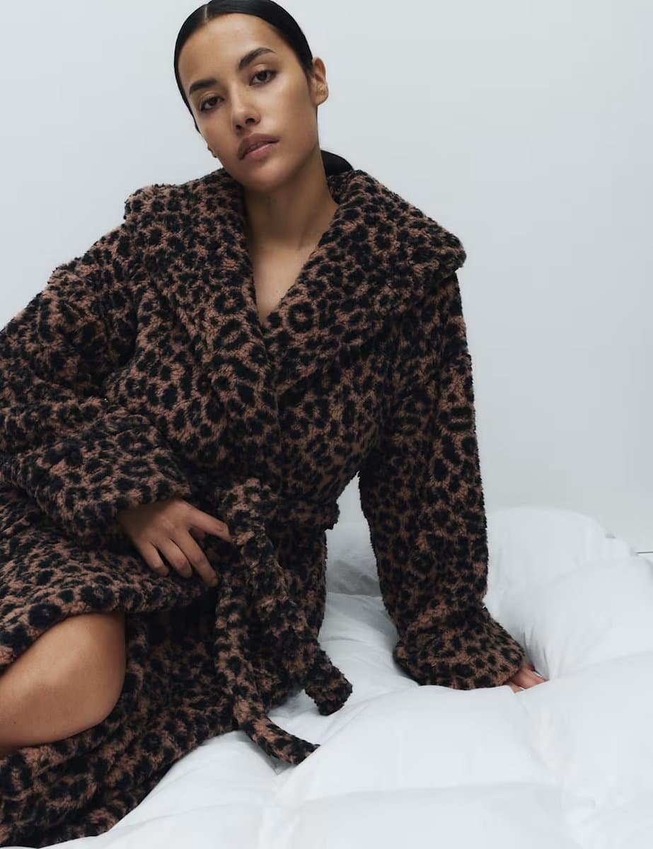 Marks & Spencer M&S Teddy Borg Leopard Print Dressing Gown Brown Mix - 2