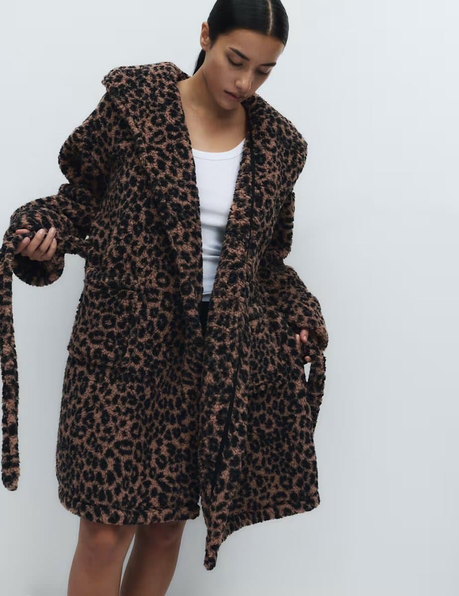 Marks & Spencer M&S Teddy Borg Leopard Print Dressing Gown Brown Mix - 4