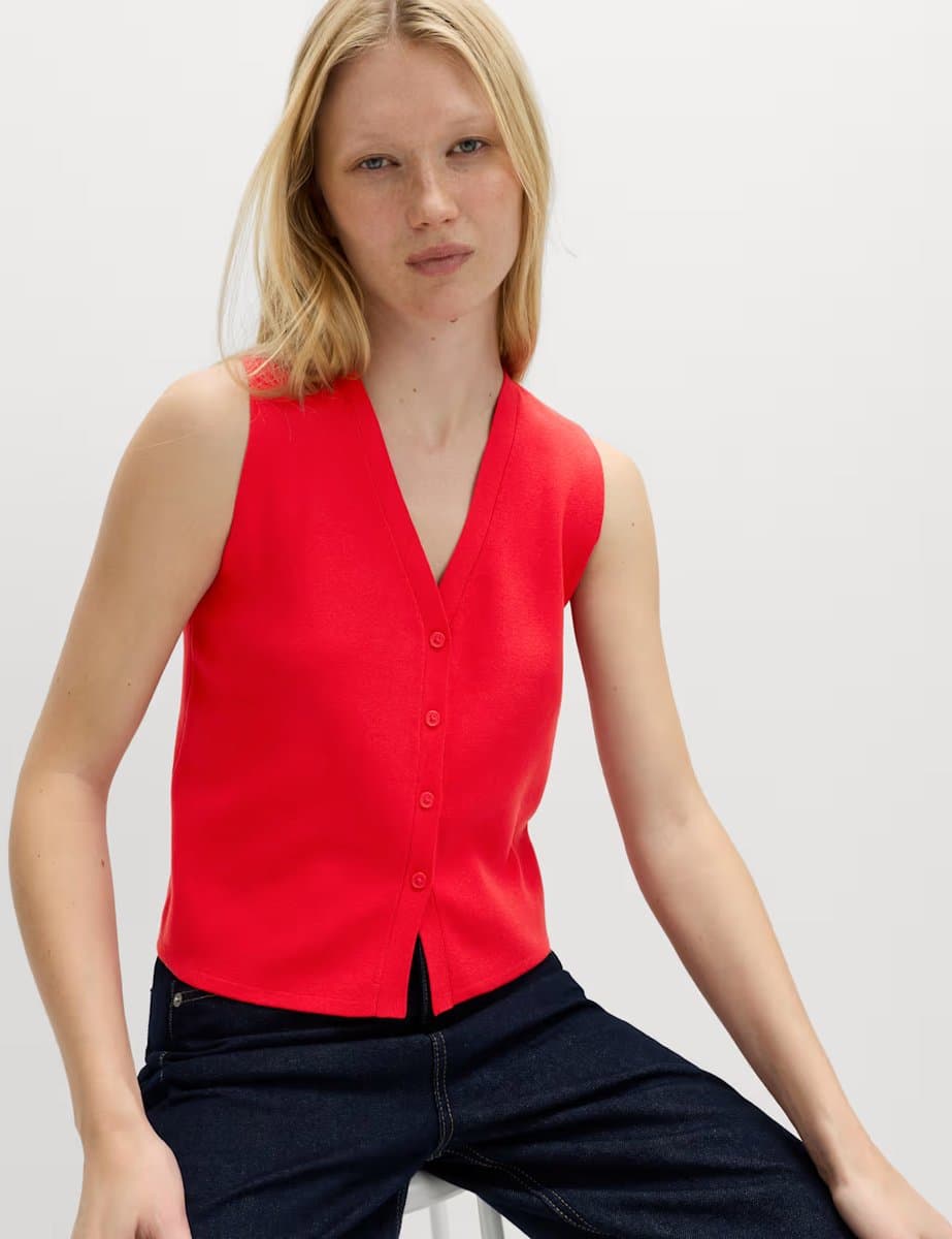 Marks & Spencer M&S V-Neck Cropped Knitted Waistcoat Chilli