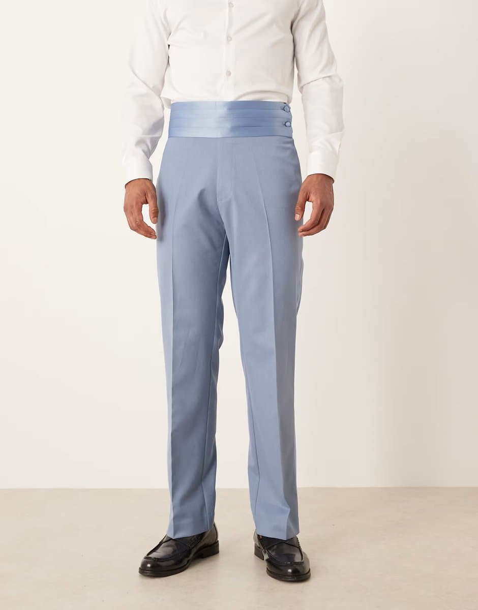 ASOS ASOS DESIGN straight tuxedo suit trousers with cummerbund waistband in blue - 2