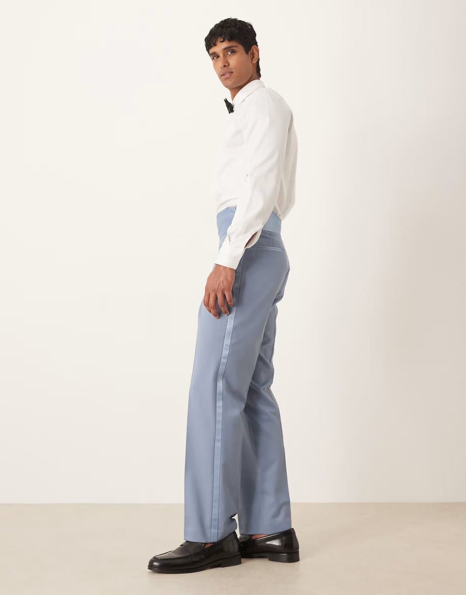ASOS ASOS DESIGN straight tuxedo suit trousers with cummerbund waistband in blue - 3