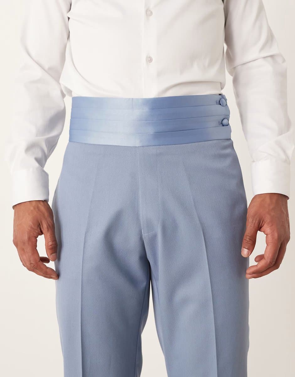 ASOS ASOS DESIGN straight tuxedo suit trousers with cummerbund waistband in blue - 4