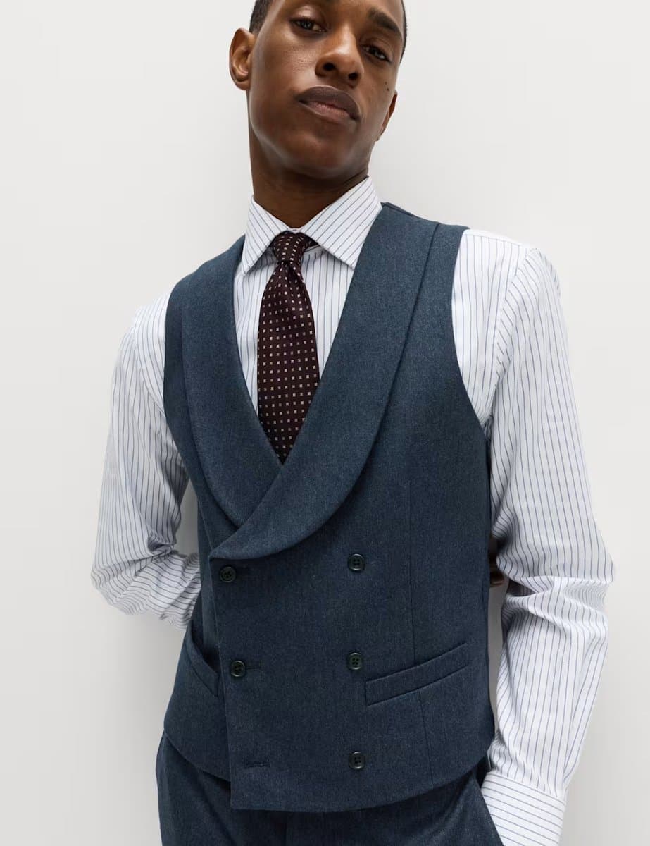 Marks & Spencer M&S Italian Wool Blend Double Breasted Waistcoat Navy