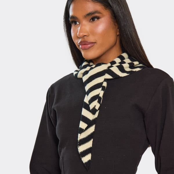 EGO Tie Front Shawl Scarf In Black And Cream Stripe, Women's Size UK One Size