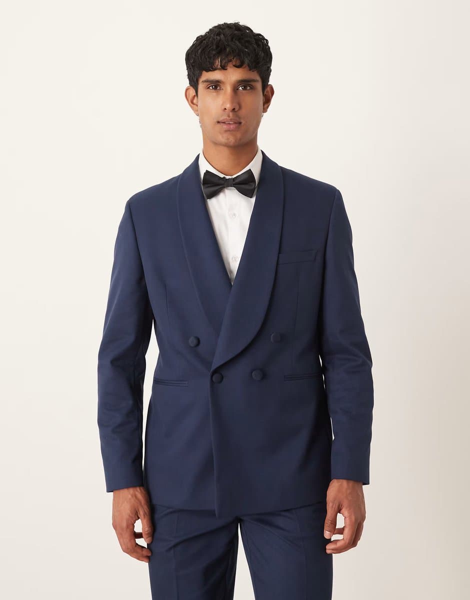ASOS ASOS DESIGN double breasted regular tuxedo jacket in navy twill with shawl lapel