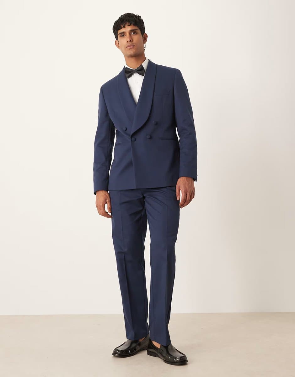 ASOS ASOS DESIGN double breasted regular tuxedo jacket in navy twill with shawl lapel - 2