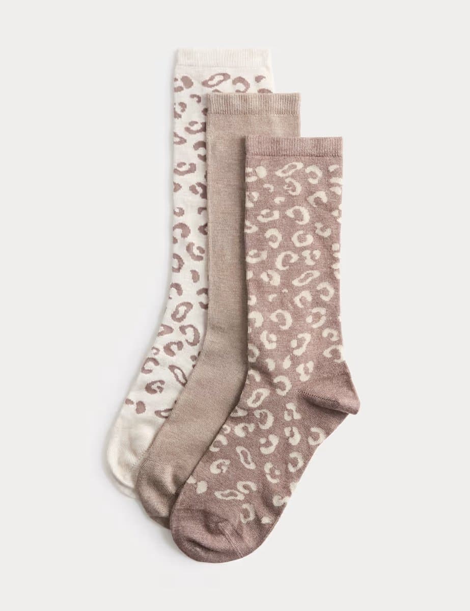 Marks & Spencer M&S 3 Pack Supersoft Animal Print Crew Socks Brown Mix