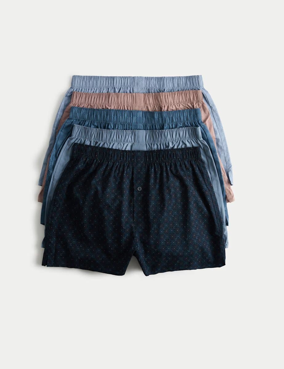 Marks & Spencer M&S 5 Pack Pure Cotton Foulard Woven Boxers Navy Mix