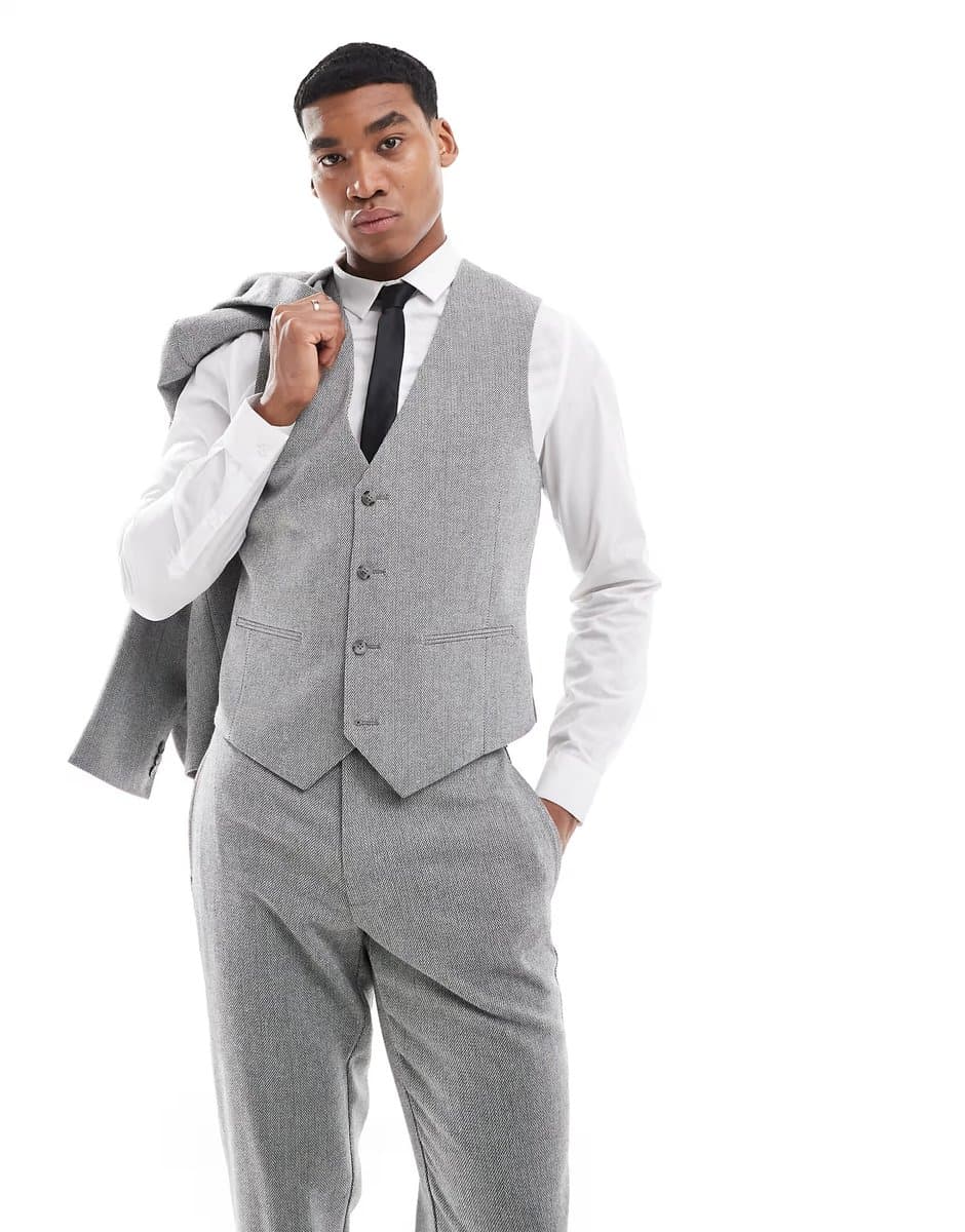 ASOS ASOS DESIGN slim suit waistcoat with wool in grey barleyweave