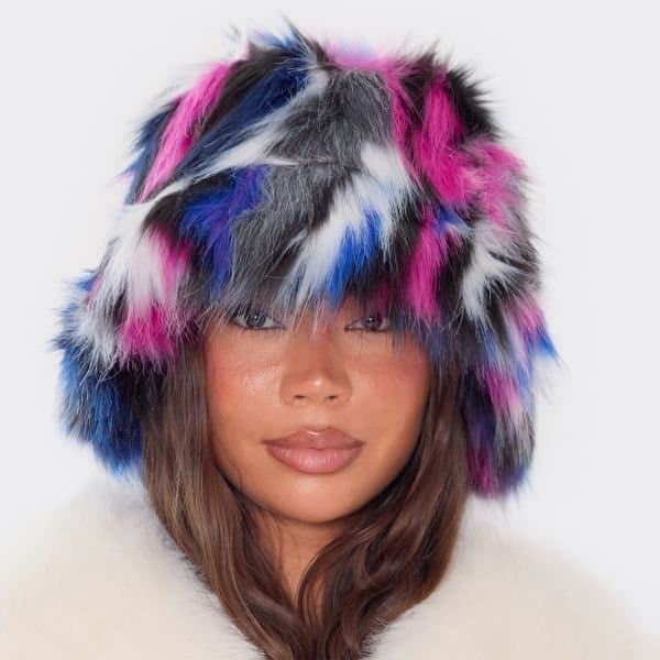 EGO Oversized Bucket Hat In Pink Multi Faux Fur, Women's Size UK One Size - 2