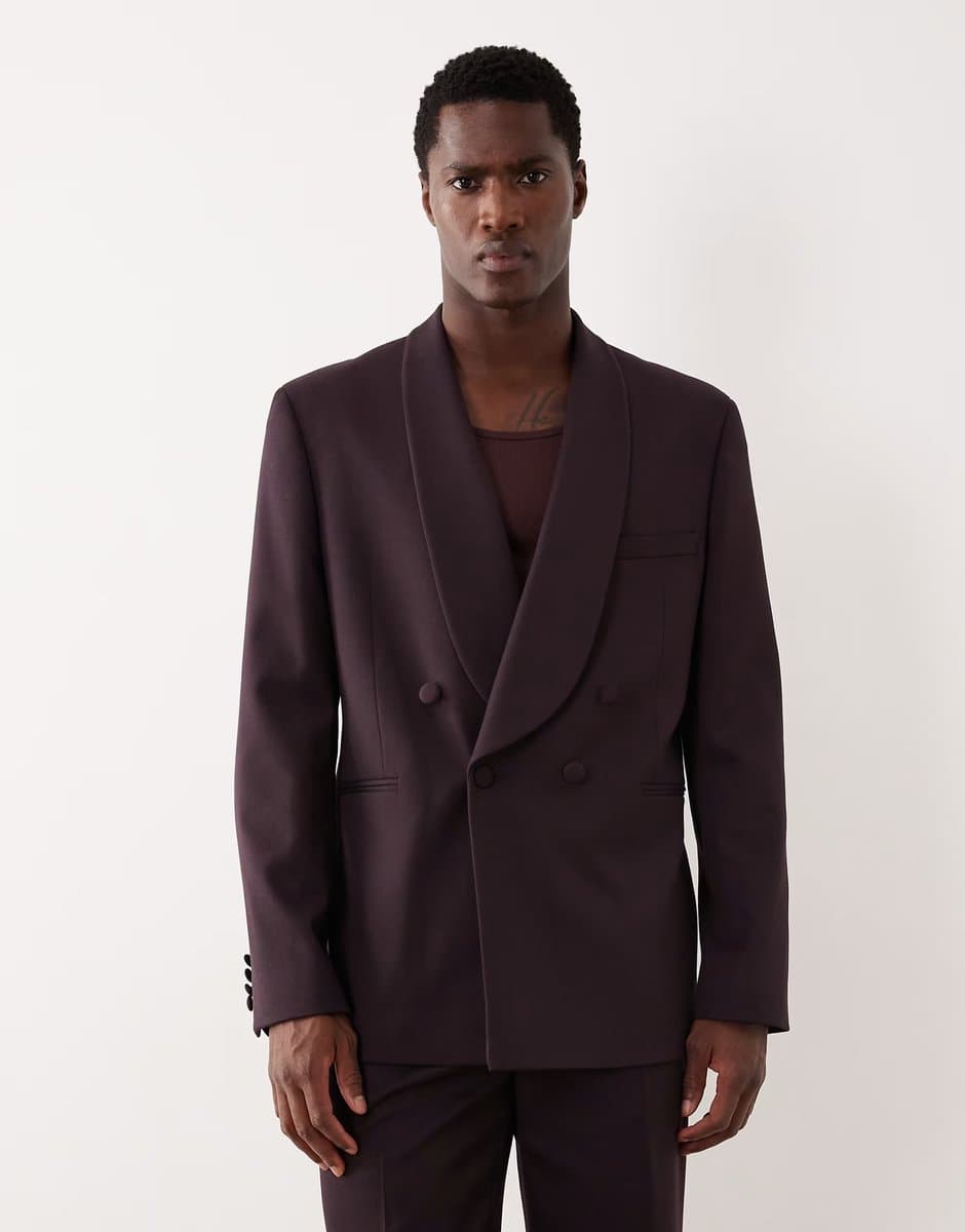 ASOS ASOS DESIGN regular tuxedo jacket in burgundy contrast twill