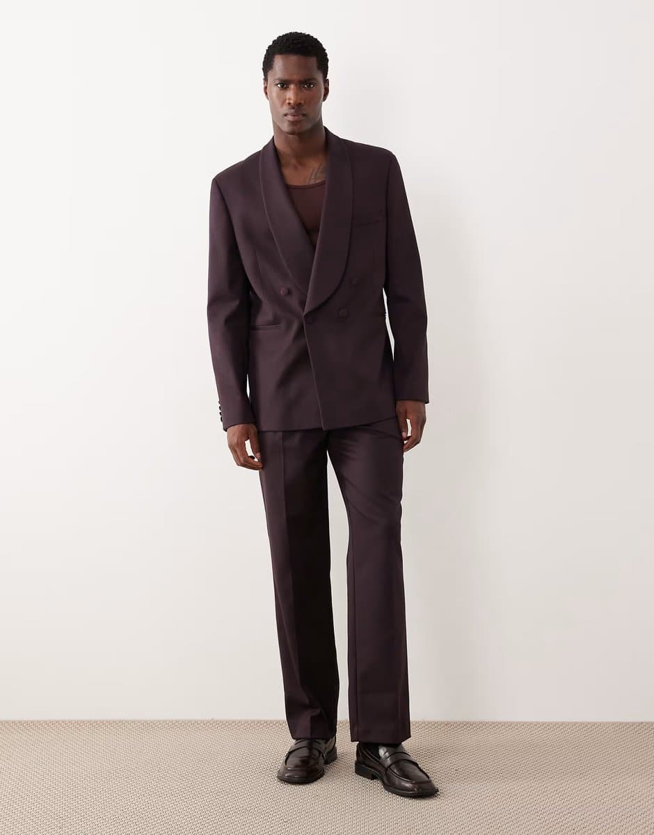 ASOS ASOS DESIGN regular tuxedo jacket in burgundy contrast twill - 3