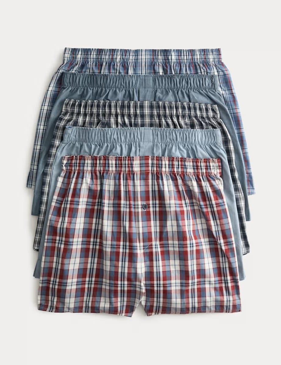 Marks & Spencer M&S 5 Pack Pure Cotton Checked Woven Boxers Blue Mix