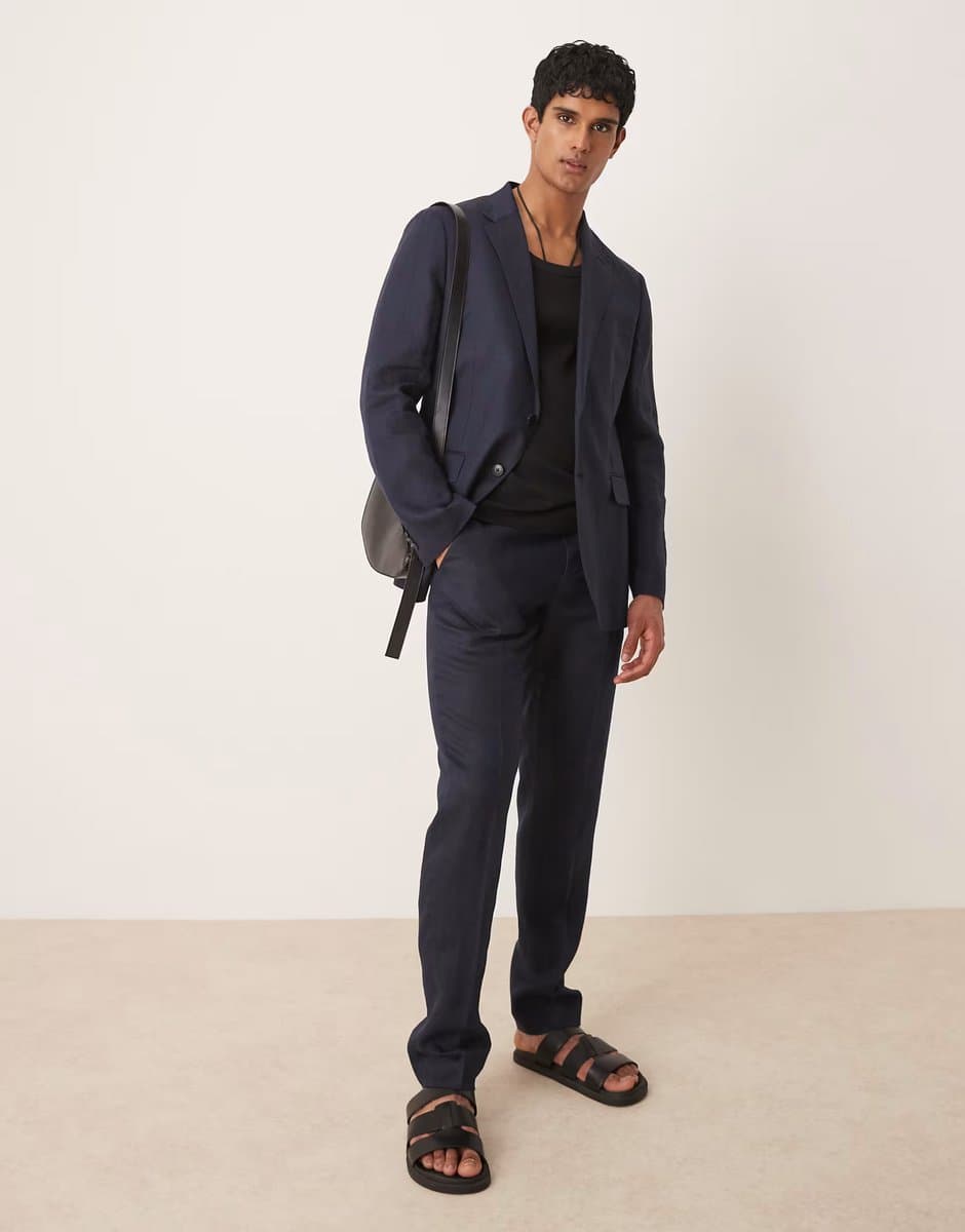 ASOS Mango flax linen tailored suit co-ord in navy