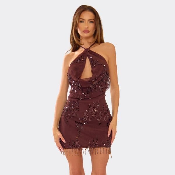 EGO Cowl Halterneck Tassel Trim Mini Dress In Brown Sequin, Women's Size UK 6
