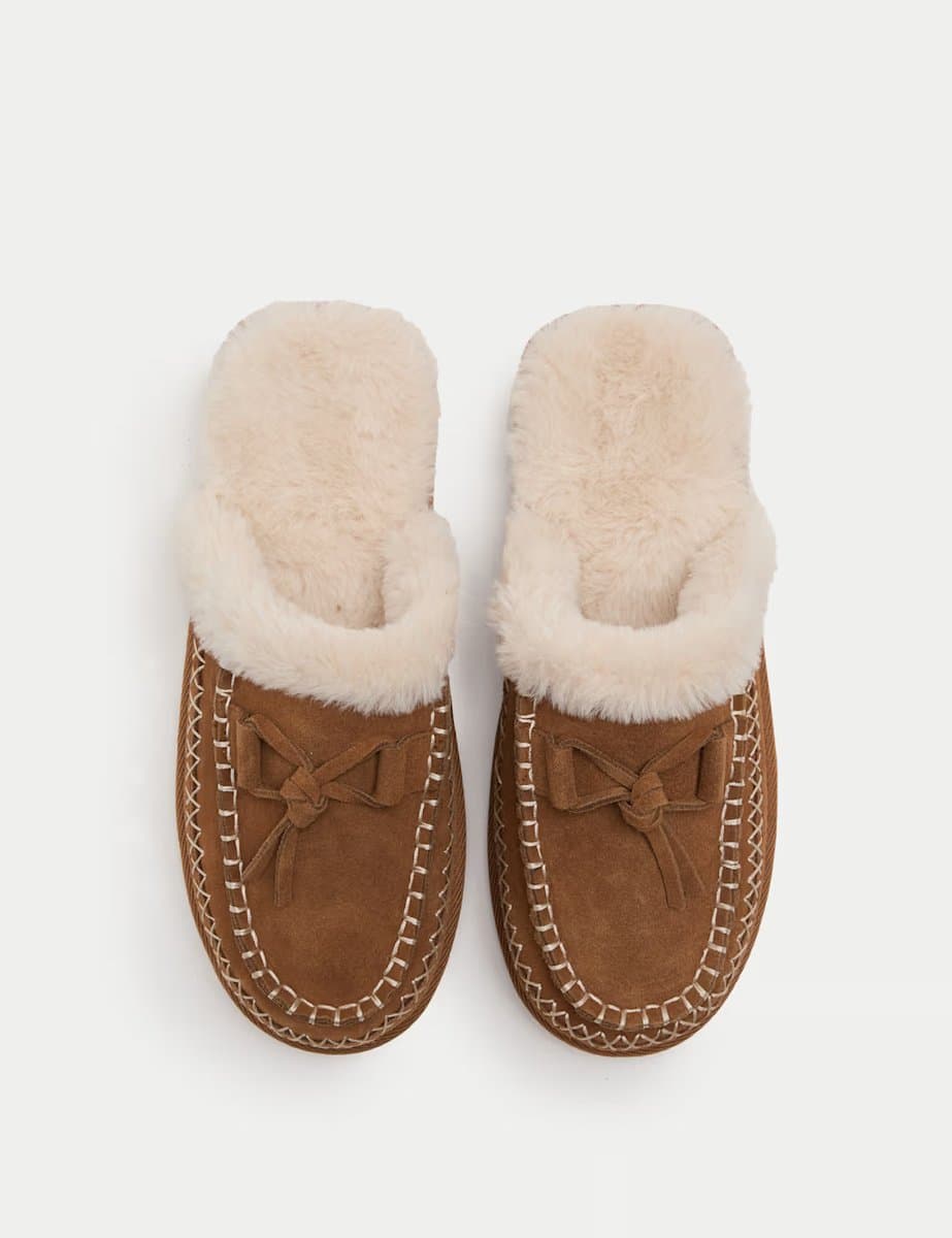 Marks & Spencer M&S Suede Faux Fur Lined Stitch Detail Clog Slippers Chestnut