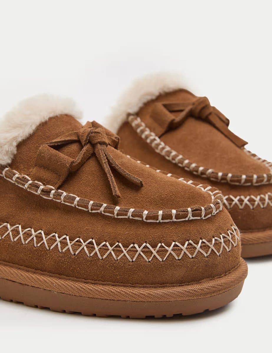 Marks & Spencer M&S Suede Faux Fur Lined Stitch Detail Clog Slippers Chestnut - 2
