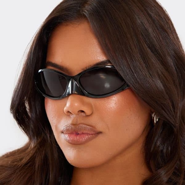 EGO Black Lense Nose Detail Wrap Around Sunglasses In Black, Women's Size UK One Size - 2