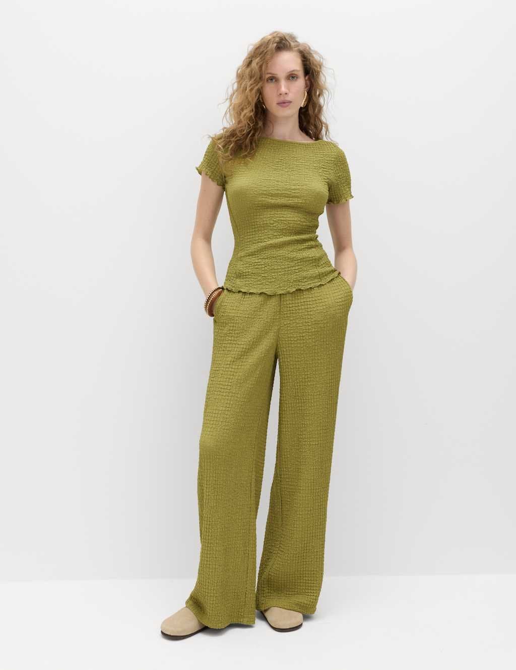 Marks & Spencer M&S Textured Pull On Wide Leg Trousers Winter Lime - 2
