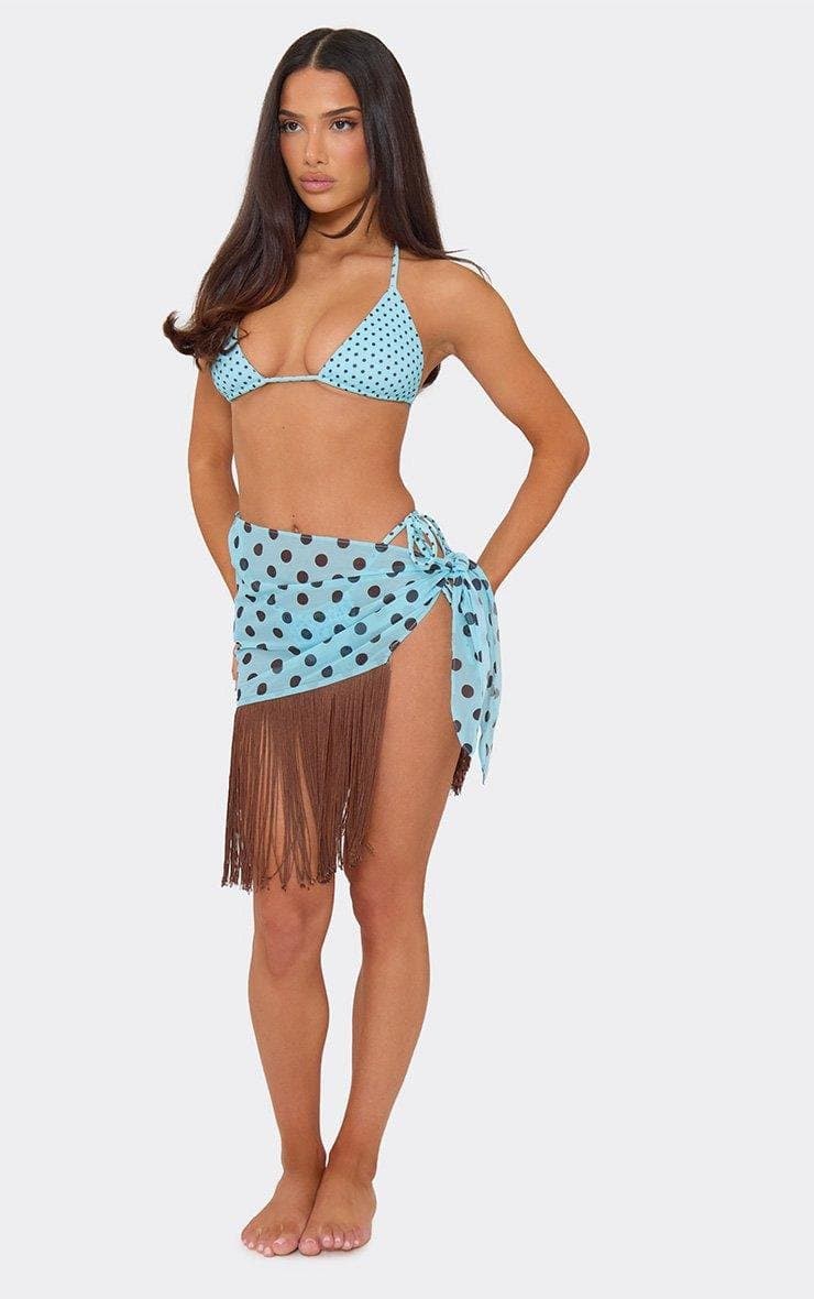 EGO Tie Side Contrast Tassel Hem Sarong In Blue Polka Dot, Women's Size UK 6 - 2