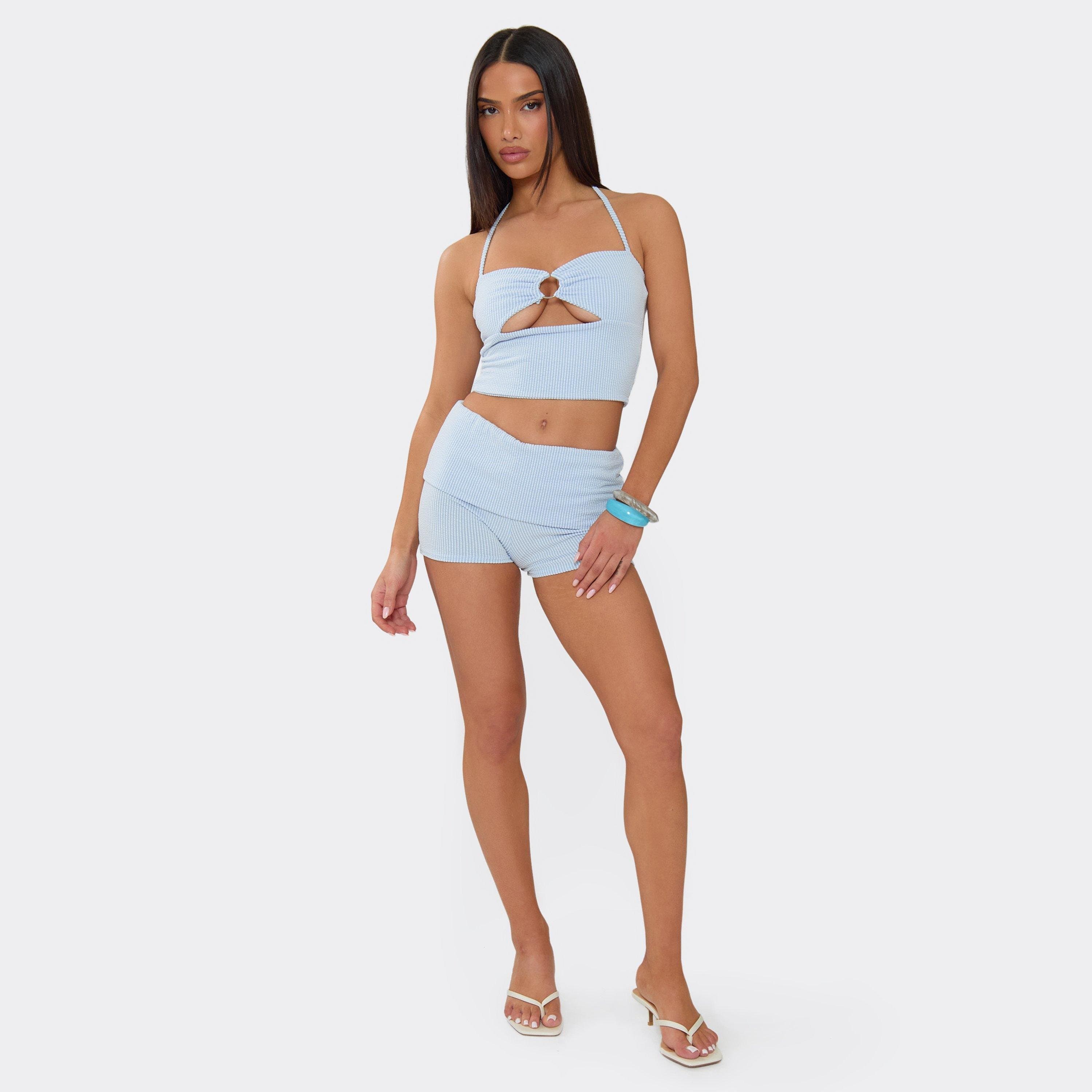 EGO Fold Over Waistband Shorts In Blue Stripe, Women's Size UK 6