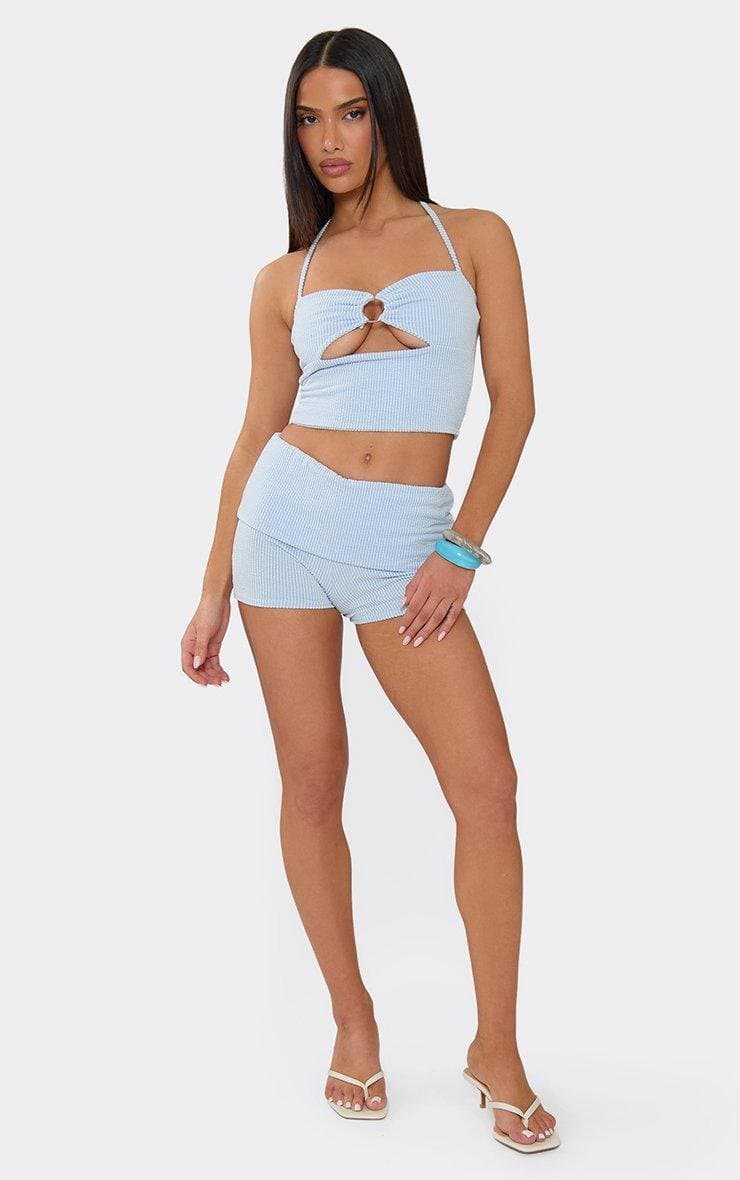 EGO Fold Over Waistband Shorts In Blue Stripe, Women's Size UK 6 - 2