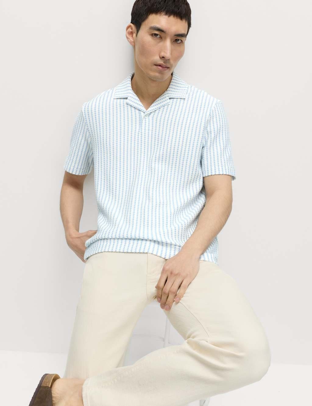 Marks & Spencer M&S Cotton Rich Jersey Geometric Polo Shirt Powder Blue