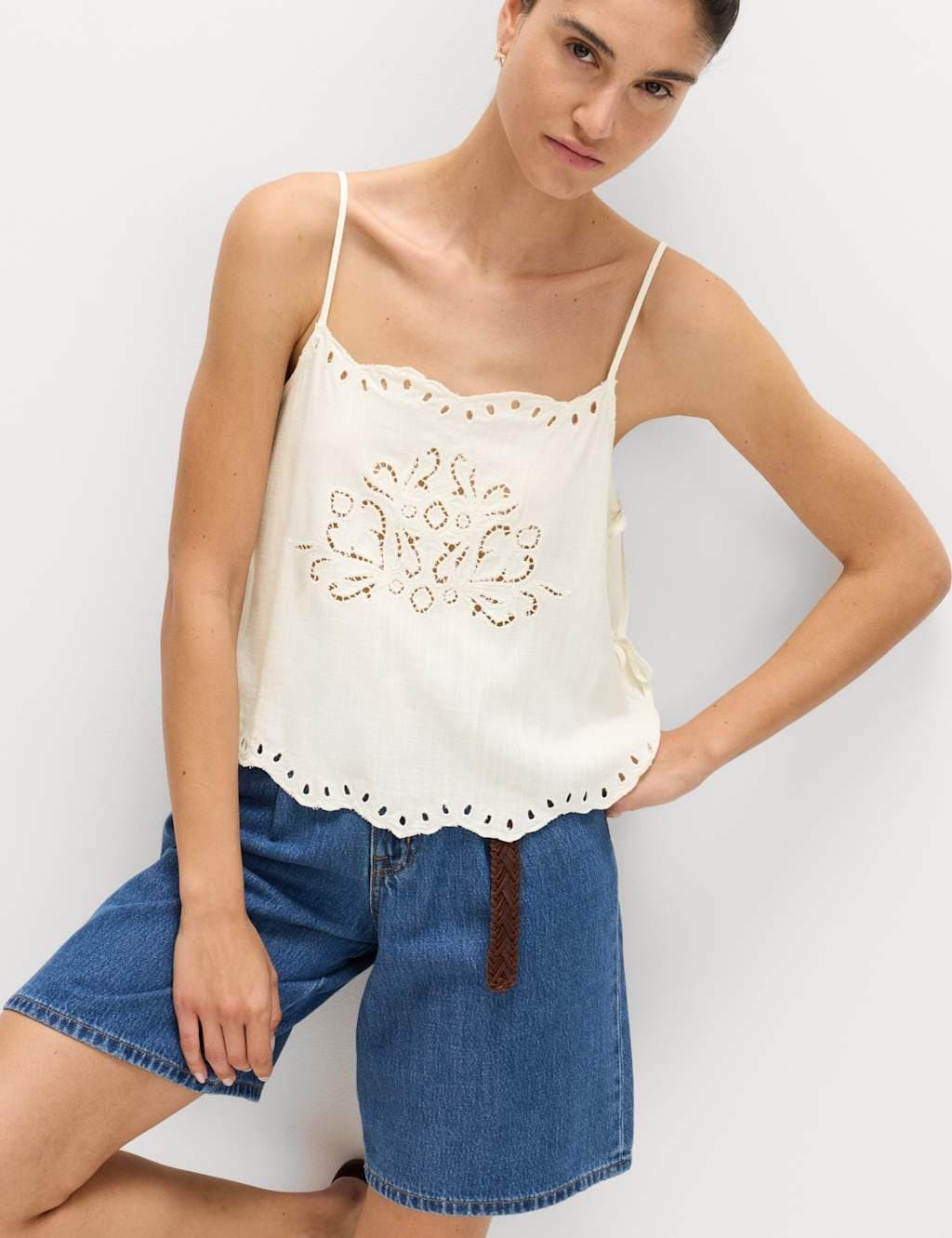 Marks & Spencer M&S Broderie Tie Side Cami Top with Linen Ivory