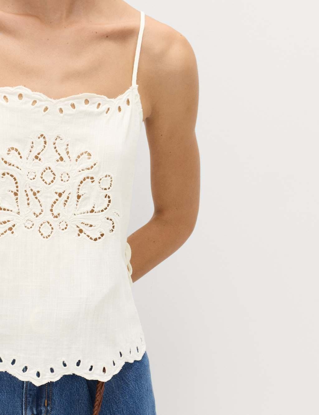 Marks & Spencer M&S Broderie Tie Side Cami Top with Linen Ivory - 2